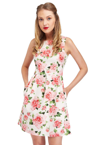 Vintage Sleeveless White Summer Dress with Pastel Roses Floral Print and Pockets
