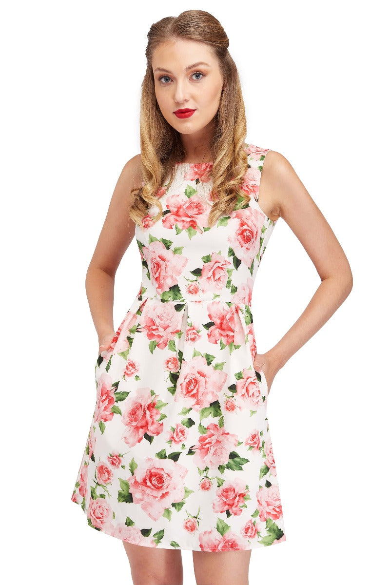 Vintage Sleeveless White Summer Dress with Pastel Roses Floral Print and Pockets
