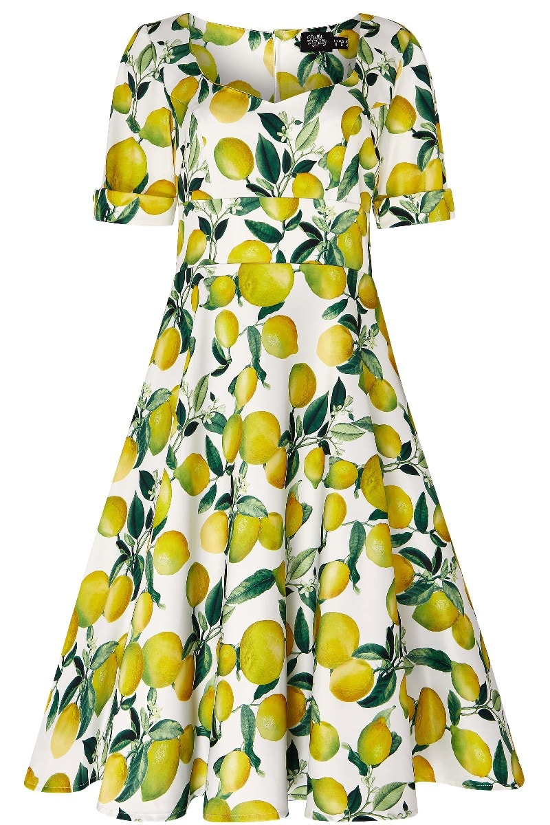 Sweetheart Neckline Vintage Swing Satin Dress with Lemon Print
