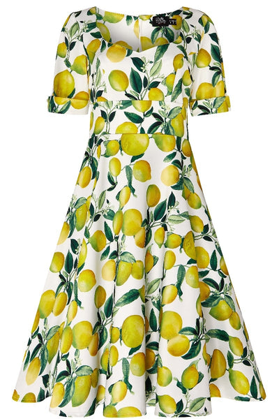 Sweetheart Neckline Vintage Swing Satin Dress with Lemon Print
