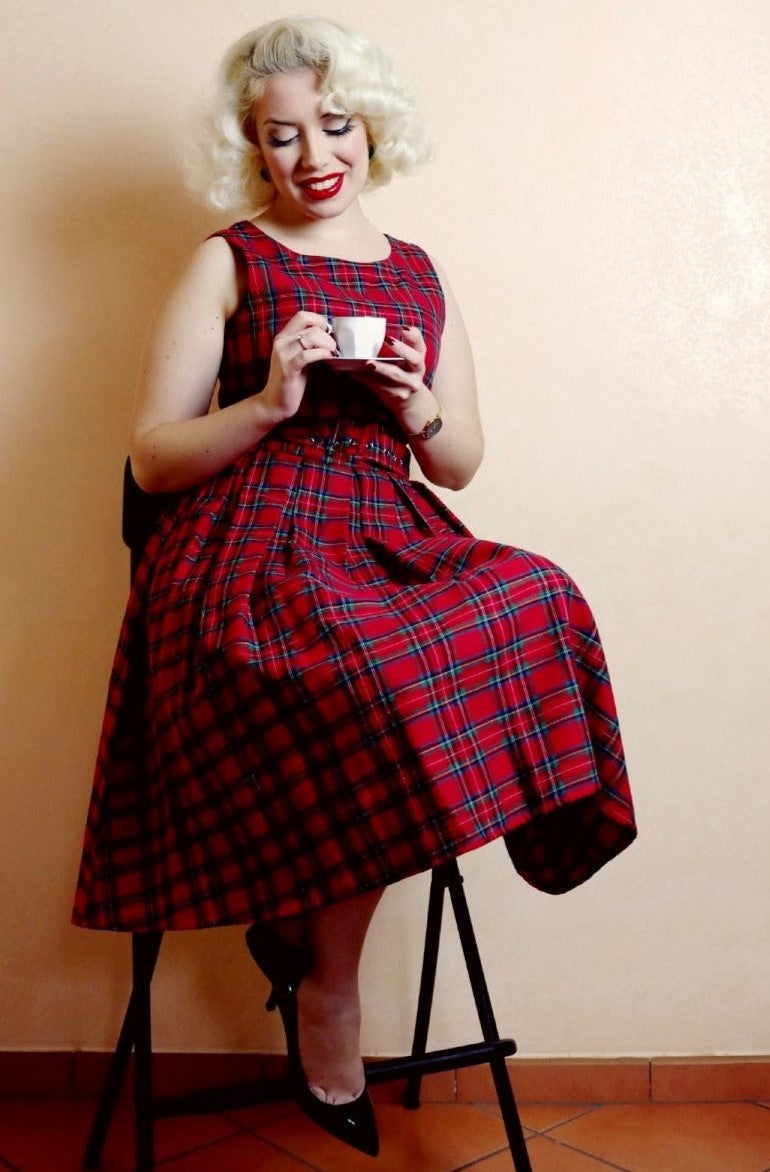 Annie Retro Check Swing Dress in Red Checks