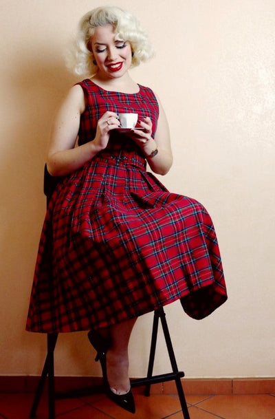 Annie Retro Check Swing Dress in Red Checks