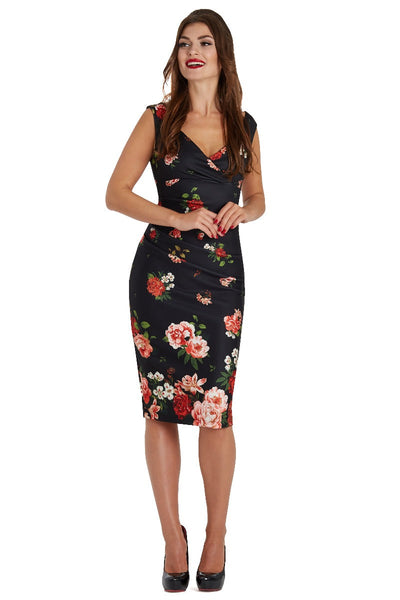 Isabella Step-In Tight Wiggle Dress - Black & Red, Pink Roses