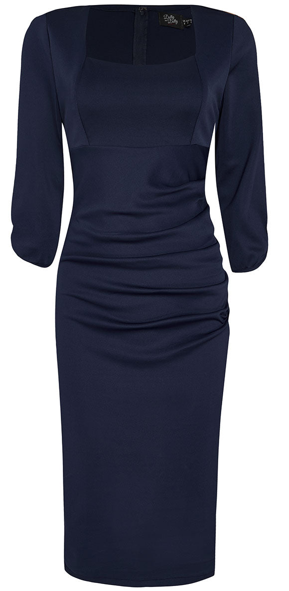 Judy Ruffled Waist Tight Wiggle Dress - Navy