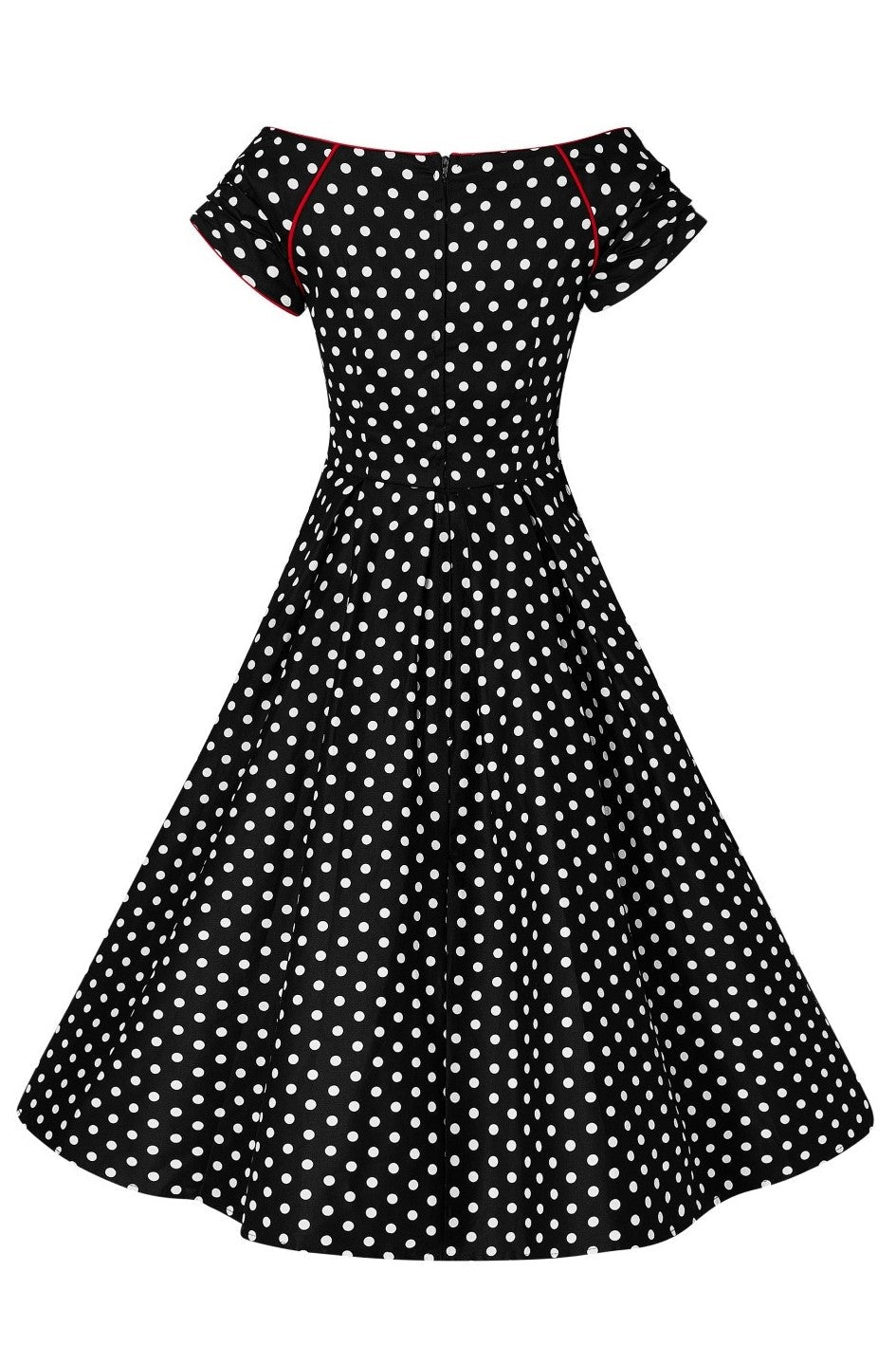 Lily Off Shoulder Swing Dress in Black White Dots with Red Details