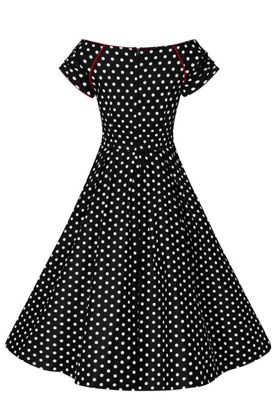Lily Off Shoulder Swing Dress in Black White Dots with Red Details