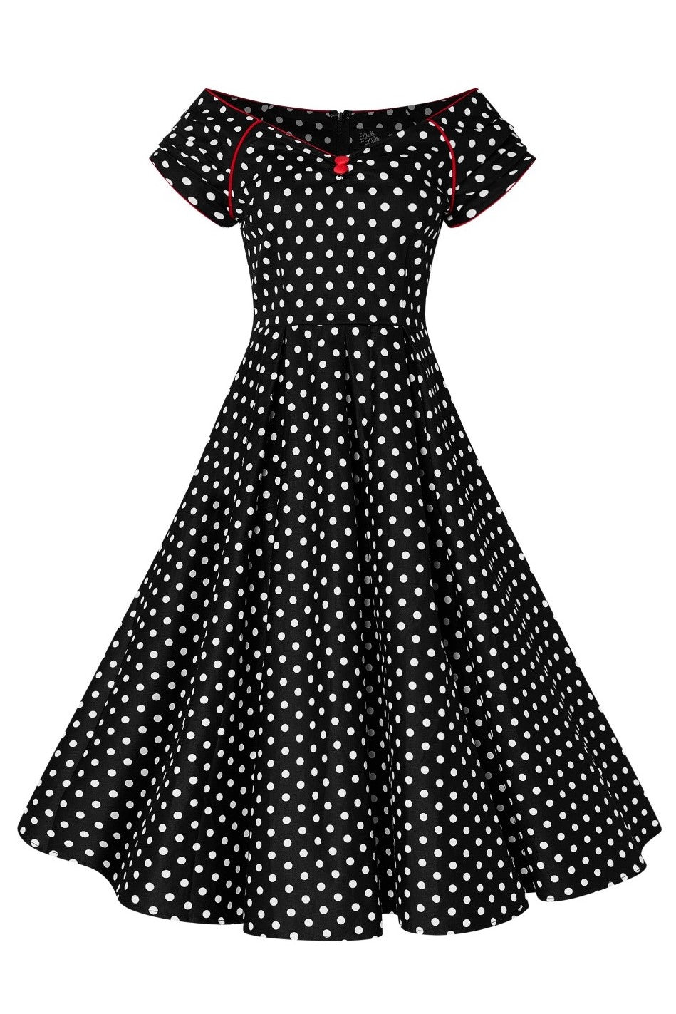Lily Off Shoulder Swing Dress in Black White Dots with Red Details