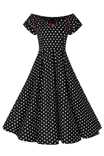 Lily Off Shoulder Swing Dress in Black White Dots with Red Details