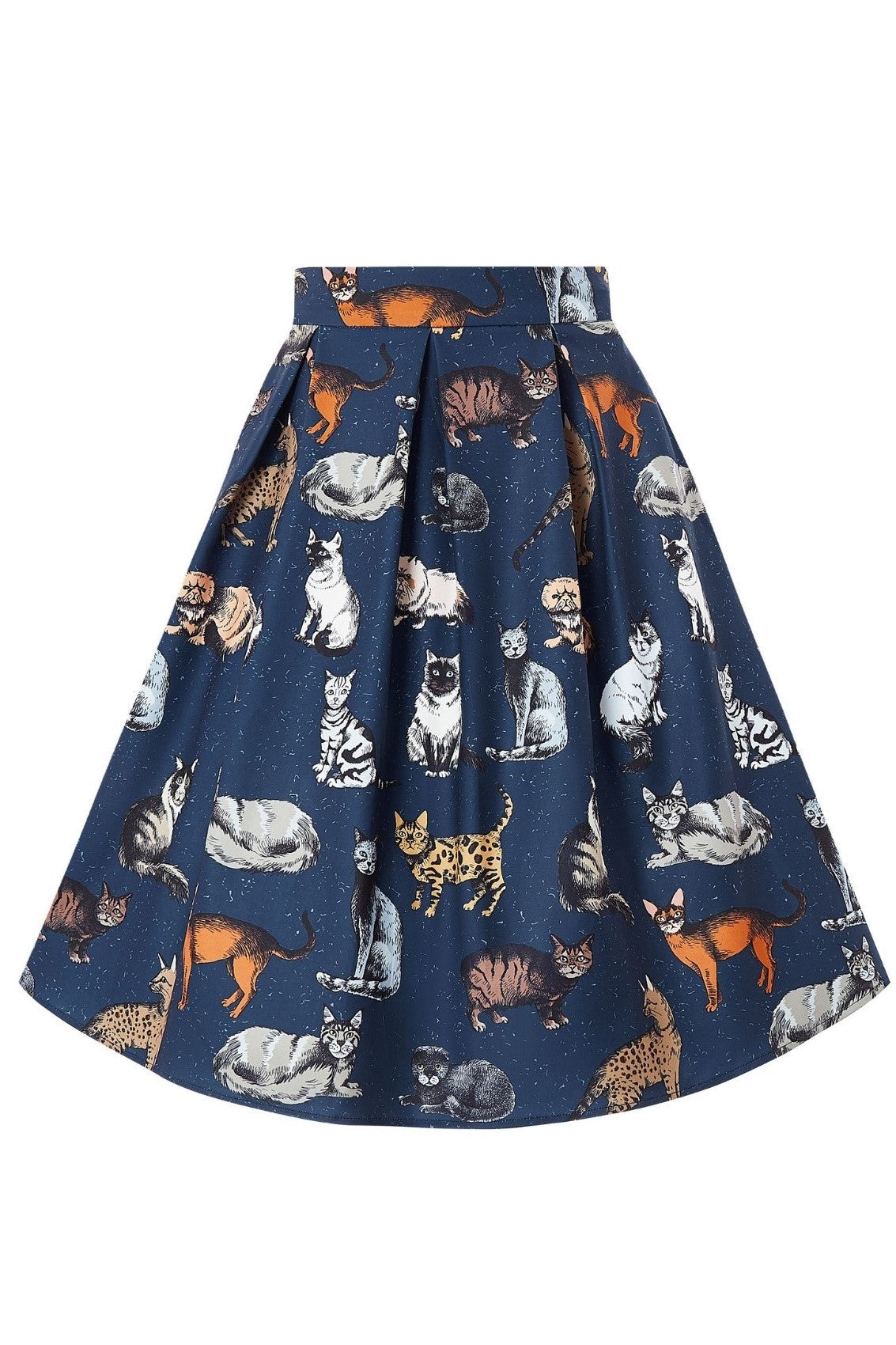 Woman's Box Pleat Skirt in Blue Cat Print
