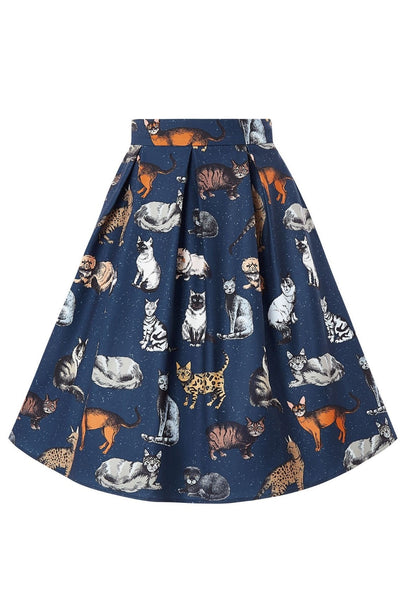 Woman's Box Pleat Skirt in Blue Cat Print