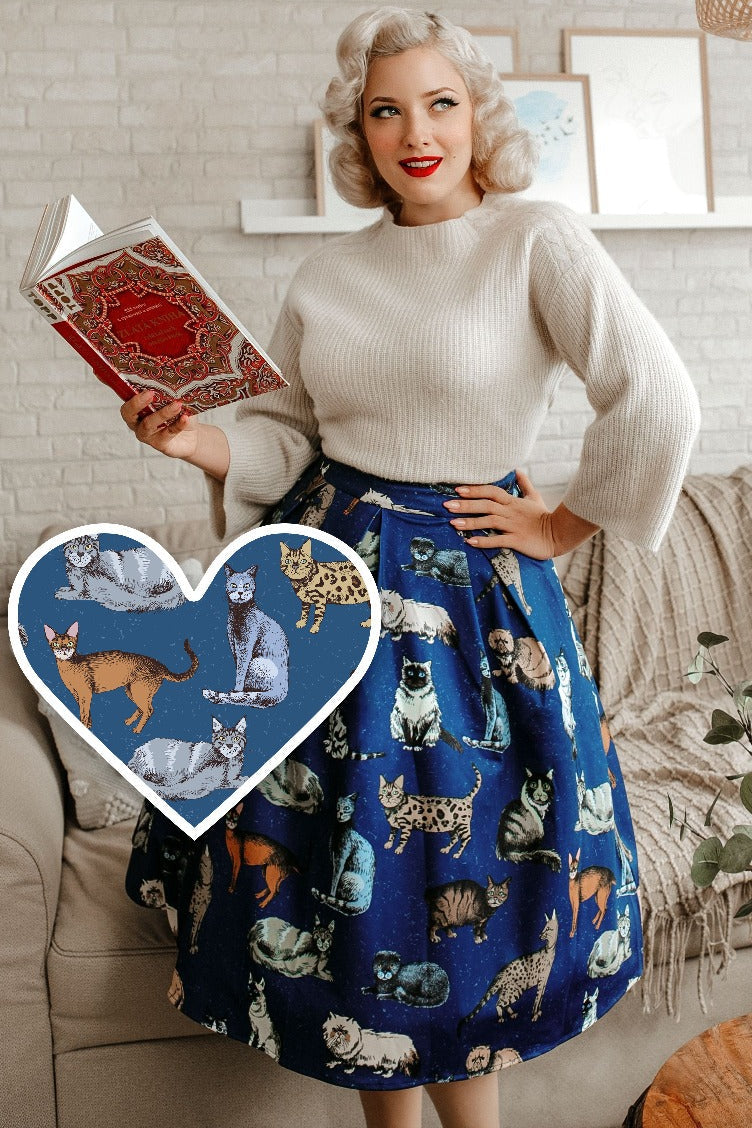 Woman's Box Pleat Skirt in Blue Cat Print