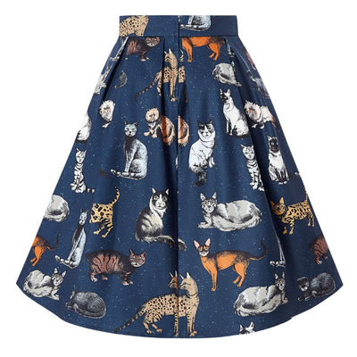 Woman's Box Pleat Skirt in Blue Cat Print