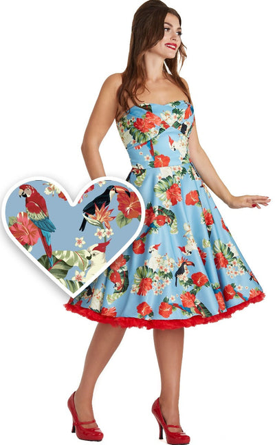 Woman's Retro Dress in Light Blue with Red Flowers