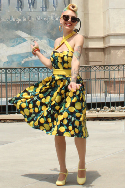 Women's Halterneck Black Lemon Swing Dress