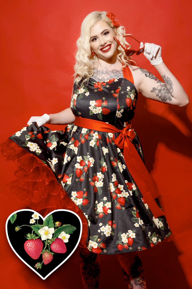 Women's Halterneck Black Strawberry Swing Dress