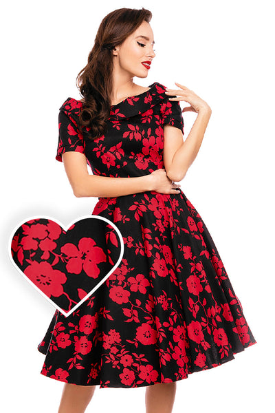 Women's Retro Floral Swing Dress in BlackRed